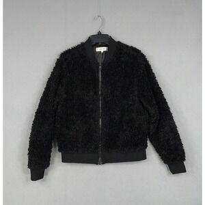 John + Jenn Jacket Womens Large Black Faux Fur Bomber Zip Up Lined Cozy